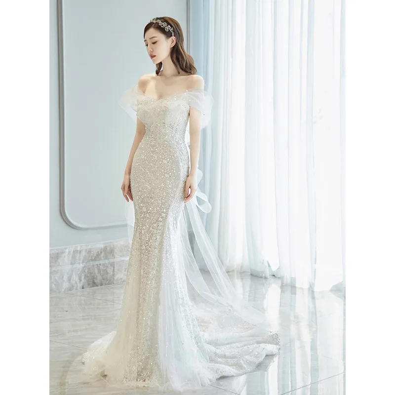 Fishtail Light Wedding Dress 2024 New Bridal off-Shoulder Trailing out Welcome Evening Annual Party Banquet Host