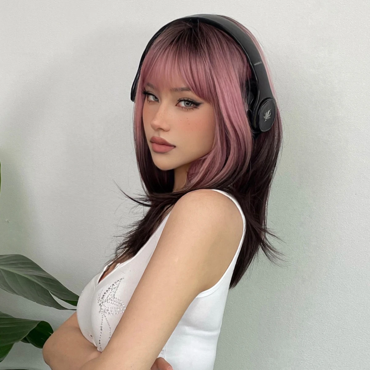 ALAN EATON Black Pink Ombre Synthetic Wigs for Black Women Long Layered Straight Wig Mixed Colored Cosplay Hair High Temperature