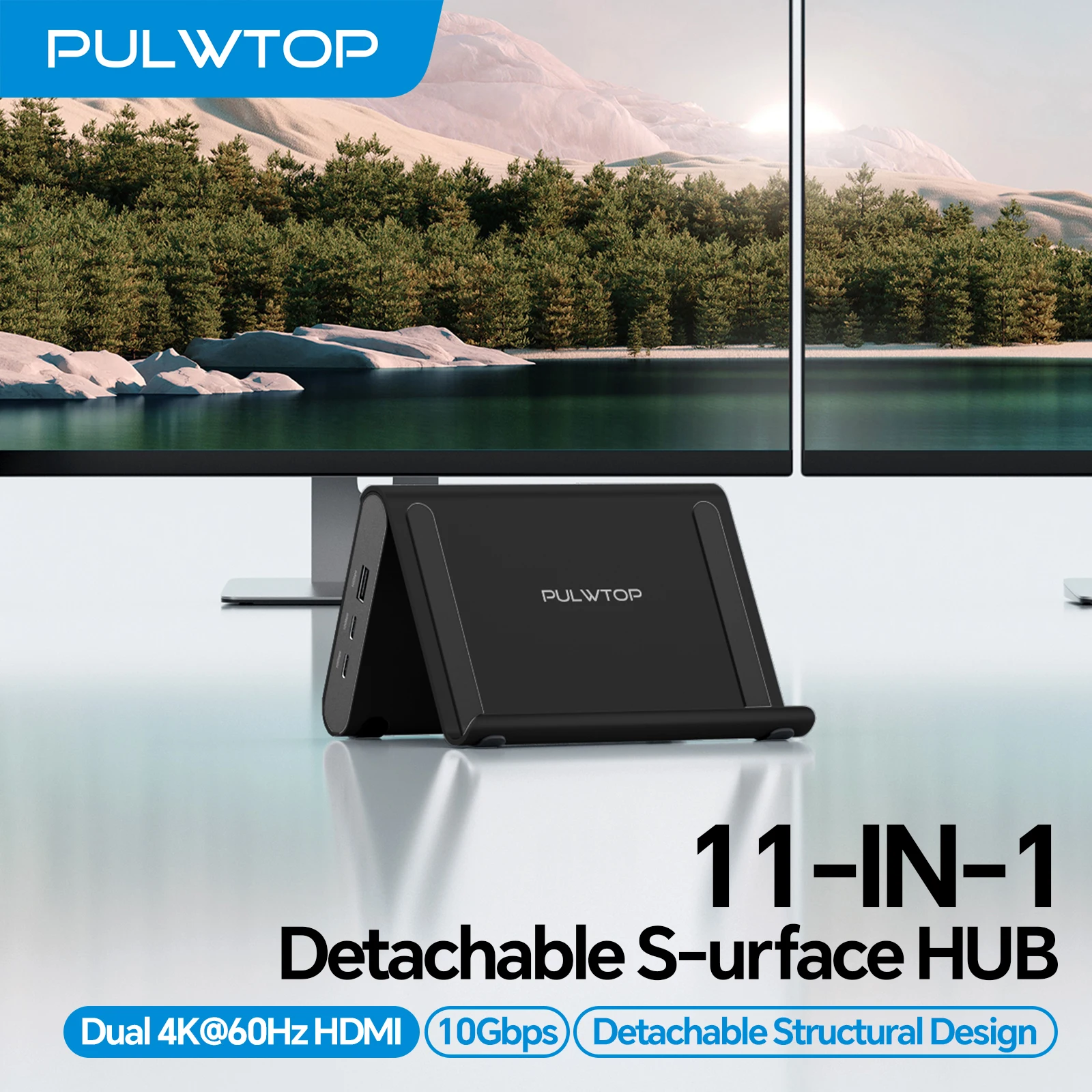 PULWTOP USB C Docking Station Dual Monitor with 2X 4K@60Hz HDMI, USB-C/A 10Gbps, USB-A 5Gbps, Vertical Stand for Windows Laptops