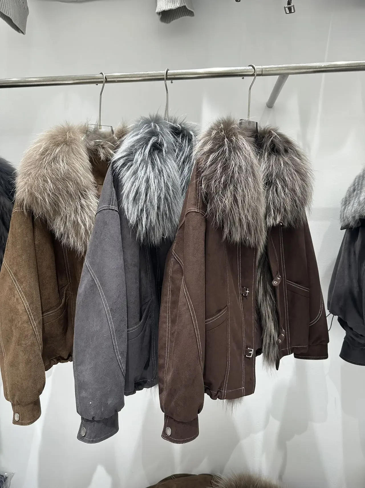 OFTBUY Women Suede Cropped Coat Winter Warm Drawstring Hem Daily Wear Outerwear Oversized Real Fox Fur Collar Goose Down Jacket