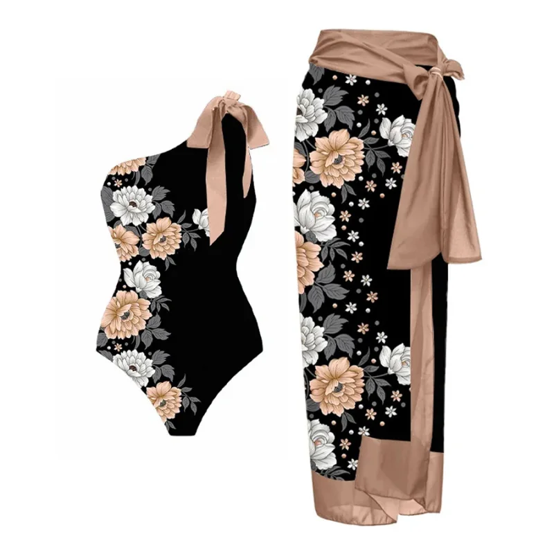 

2023 New Women's Floral Print One-Piece Swimsuit Set Cross-Border ort Sve Fixed Chest Pad Surfing Suit Polyester