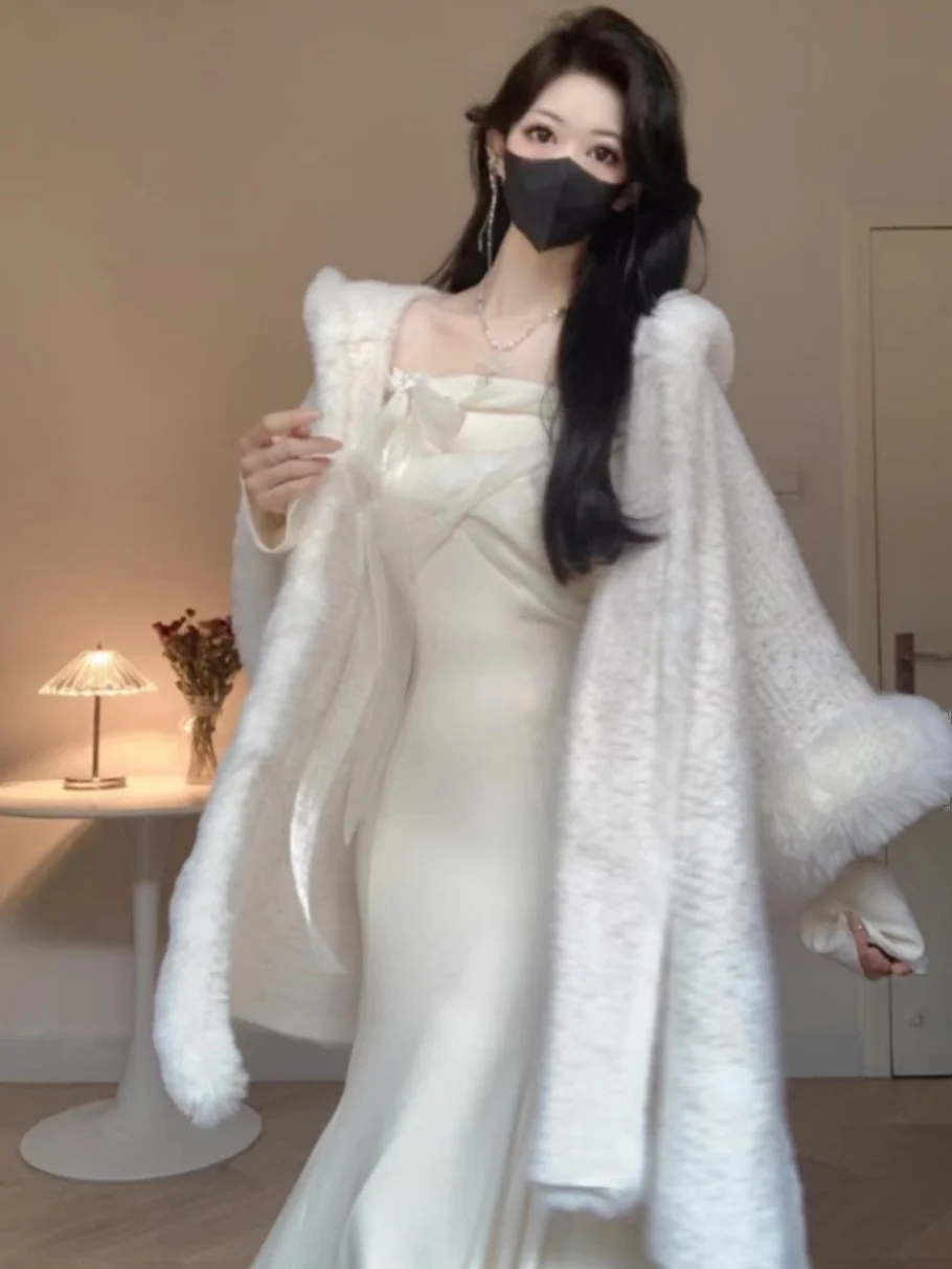 Warm Rabbit Fur Collar Double-Sided Velvet Women's Coat Autumn Winter Fashion Pure Color Simple Cloak Shoulder for Young And ...
