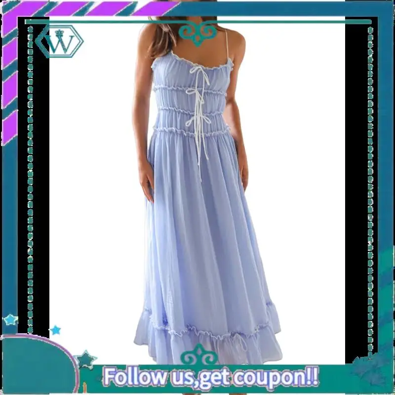 A09P Abito estivo da donna 2025 Casual senza maniche con cinturino per spaghetti RIC Rac Trim Abito lungo da spiaggia con volant smock