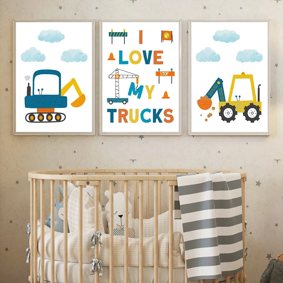 Modern Cartoon Crane Excavator Dump Truck Nursery Wall Art Canvas Painting Nordic Posters & Prints Pictures Baby Kids Room Decor