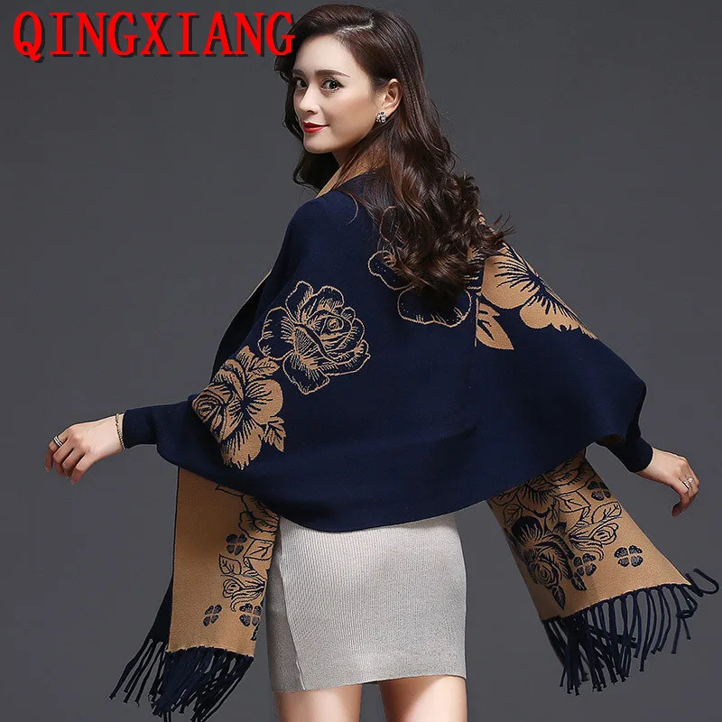 

11 Colors Autumn Winter Cloak Tassel Long Batwing Sleeves Shawl Jacquard Weave Knitted Outstreet Wear Cape Loose Poncho Knitwear