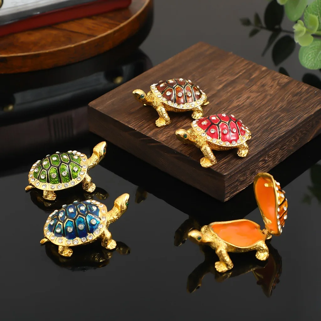 Cute Turtle Shaped Mini Zinc Alloy Enamel Jewelry Box Luxury Table Decoration Rhinestone Small Storage Box Retro Organizer New