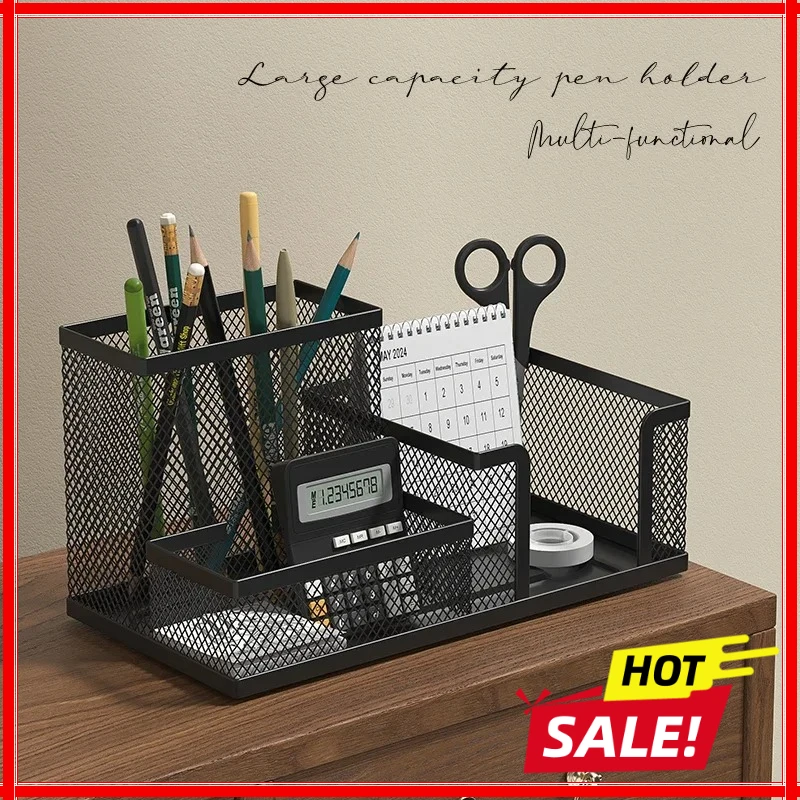 Black Mesh Desk Organizer with Pencil Holder And Storage Baskets 3 Compartments Office Supplies Caddy for Desktop Accessories