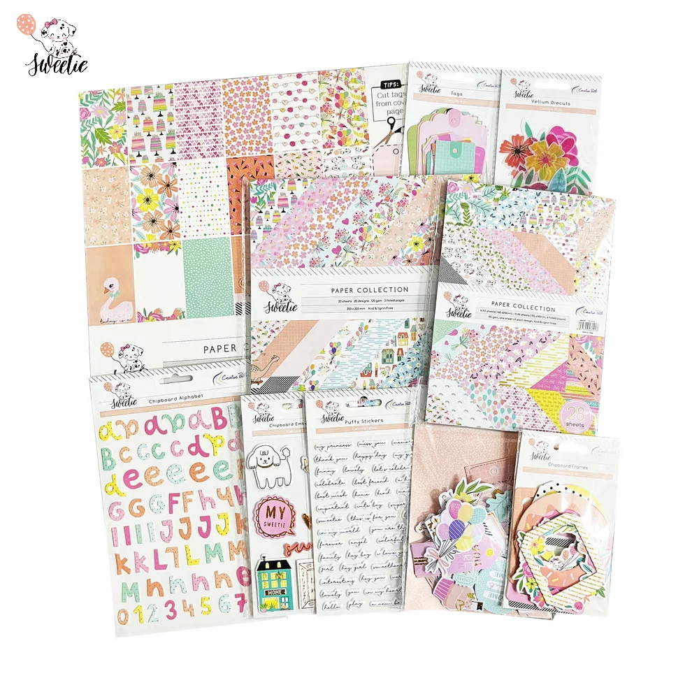 Creative Path 9-delige Sweetie DIY knutselset, decoratief papier, kartonnen frame, stickers, uitstansvormen, voor journaling en scrapbooking, complete sets