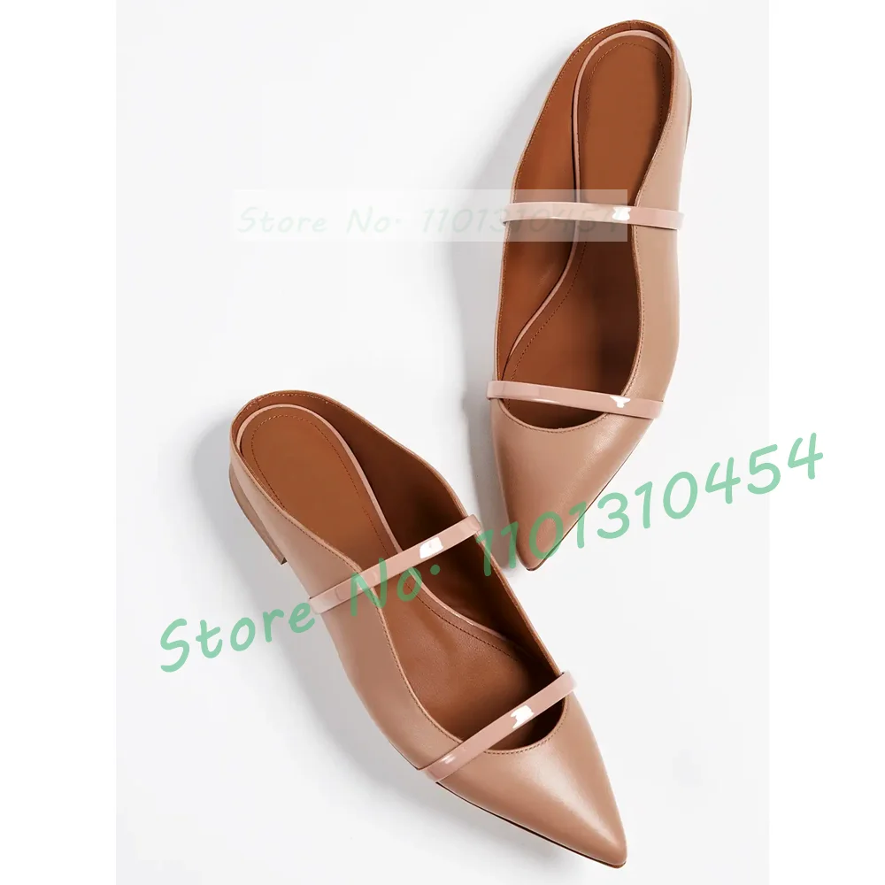 Nude Leather Flats Slippers Women Pointed Toe Shoes With Double Straps Summer Party Mule-inspired Open Back Silhouette Slipper