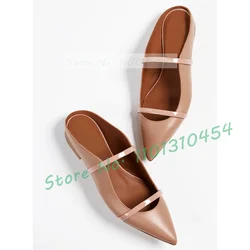 Nude Leather Flats Slippers Women Pointed Toe Shoes With Double Straps Summer Party Mule-inspired Open Back Silhouette Slipper