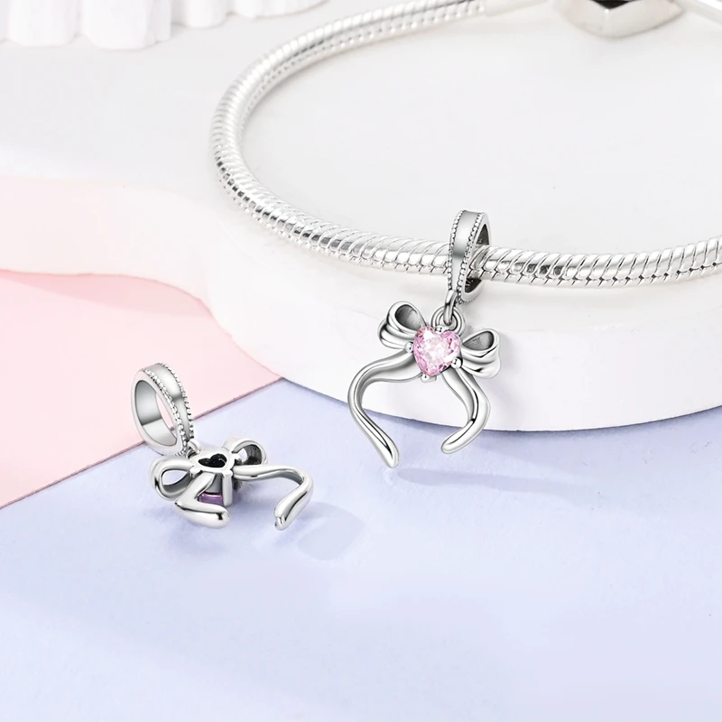 925 Sterling Silver Bow Jewelry Set Pink Zircon Bow Charms Beads Dangle Pendants Hoop Earrings 925 Silver Fit Original Bracelet view 5