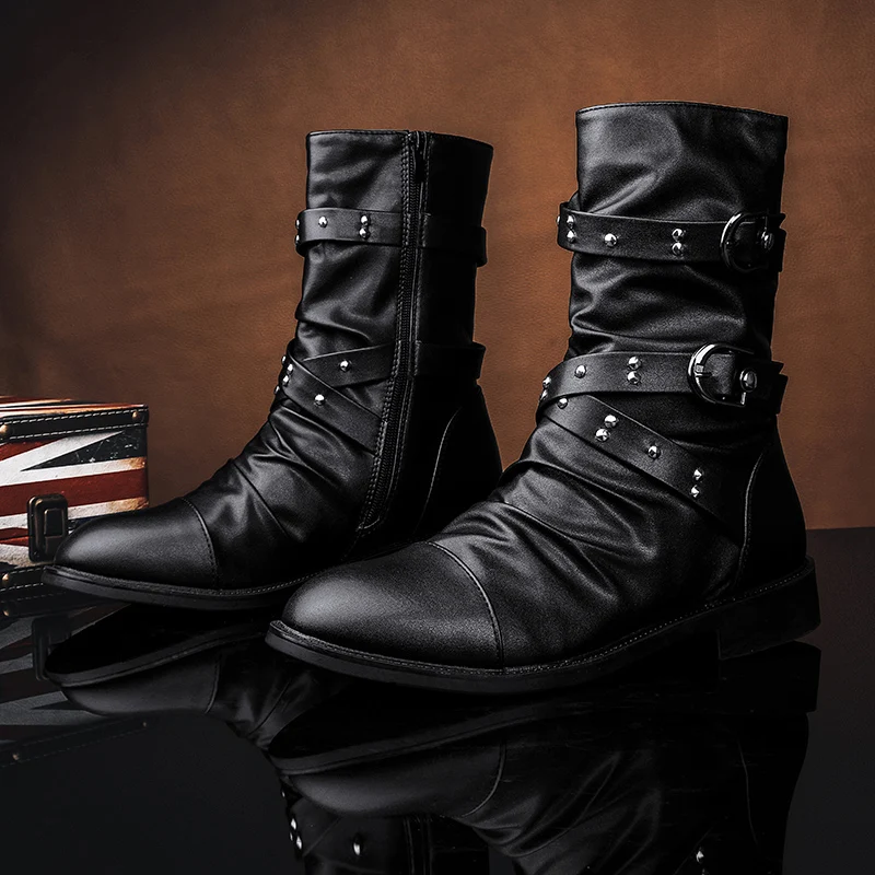 STRONGSHEN Men Fashion Motorcycle Boots Leather Boots Footwear High Top Casual Shoes Military Tactical Boots Gothic Punk Boots