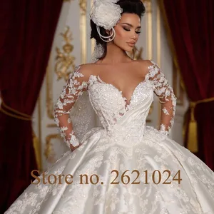 Langarm -Satin als Ball, Reißverschluss nach oben, Perlen, Pailletten, Applikationen, Brautkleider, Neugeborene 9 Hauptverkaufskleid Braut Luxus -Satin - №8