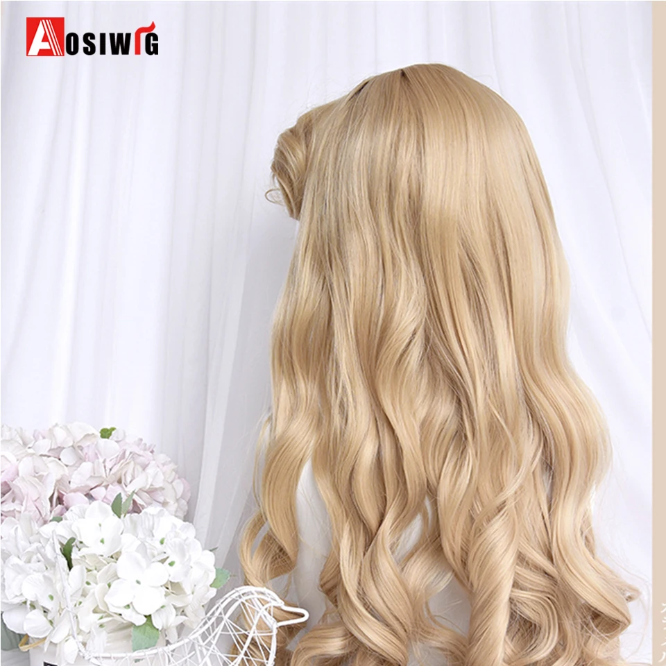 AOSIWIG Synthetic Long Wavy Cosplay Wig With Bang Blonde Cute Lolita Wig Women Halloween Cosplay Wig