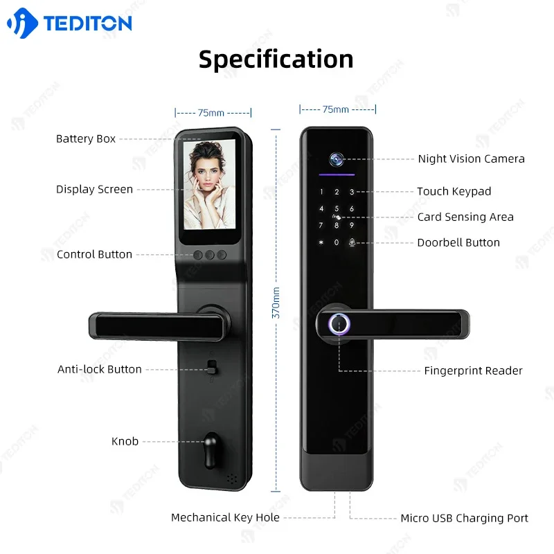 yyhcTediton 6068 Mortise Tuya App Mobile Phone WiFi Fingerprint Password Card Key smart door lock camera fechadura electronica t