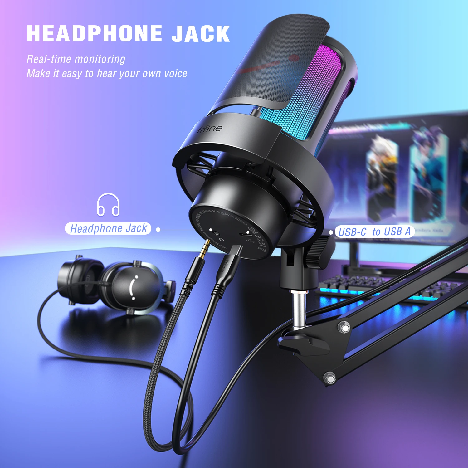 FIFINE USB Microphone Kit with Boom Arm and Pop Filter for Recording and Streaming on PC/Mac,Quick Mute＆Headphone jack-A8T