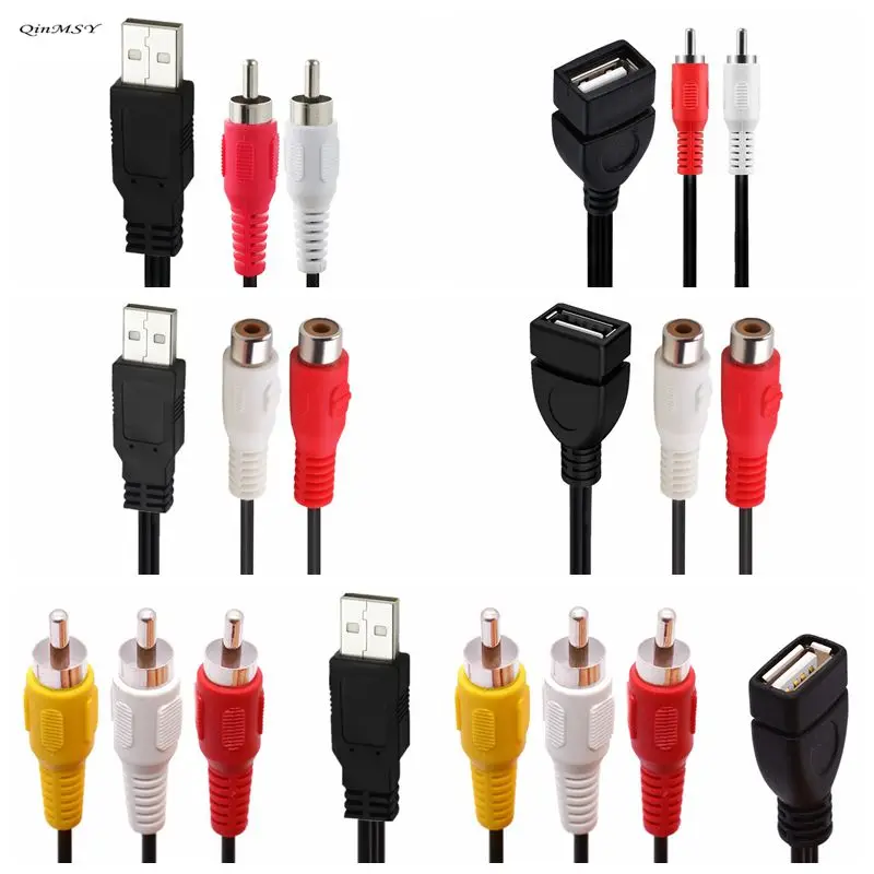 USB A 2.0 female Male To 2 3 Rca 2/3RCA Male female AV plug Adapter connector converter Cable Lead PC TV HDTV AUX Audio Video