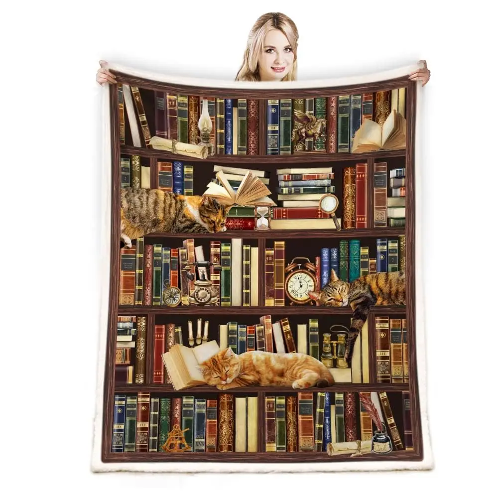 

Blanket with Books on It, Soft Warm Fleece Throw Blankets for Book Lovers Gift Ideas, Vintage Library Bookshelf Candlelight Warm