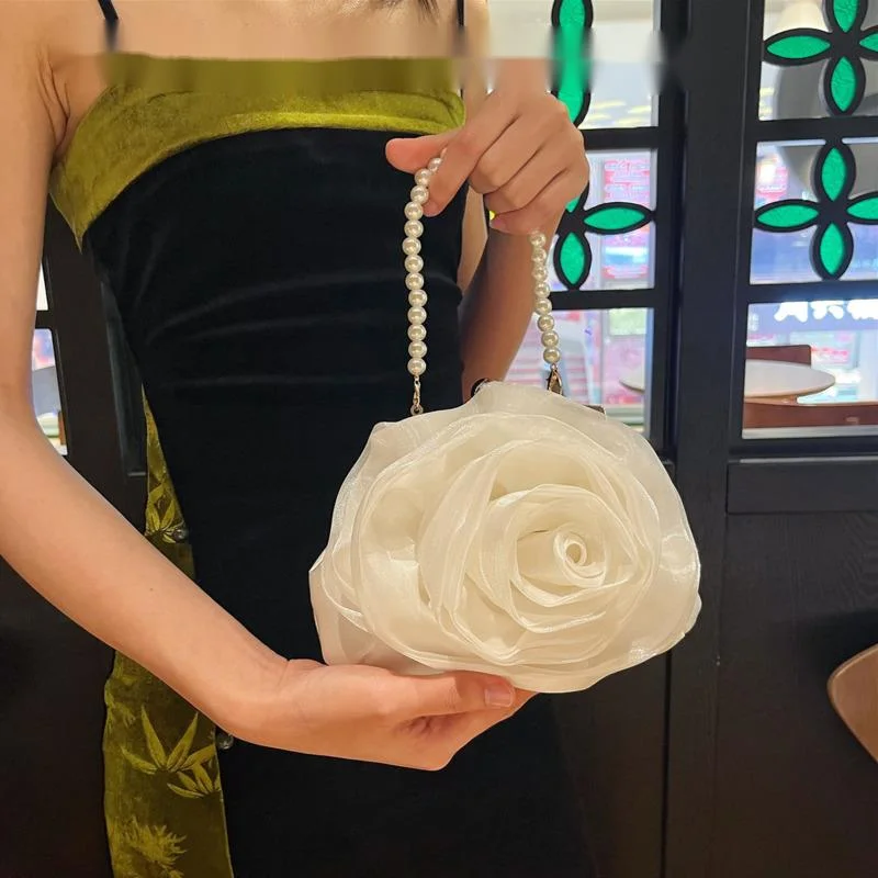 Satin Rose Evening Bag Designer Dinner Party Wedding Flower Purse Luxury Handbags Design Silk Pleated Clutches Female