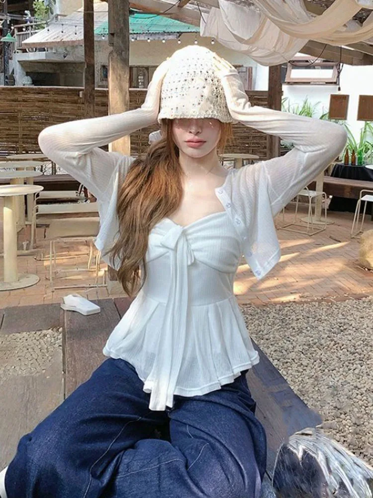 Spring Autumn New Long Sleeve White Cardigan Coat Women+ Sexy Slim Fit Strapless Camisole Vest 2025 New Two Piece Sets