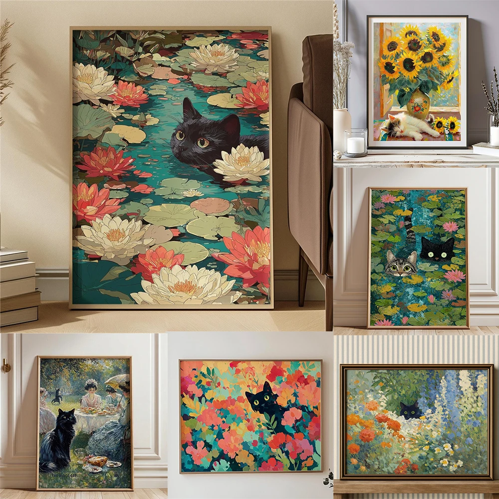 Monet Cat Among Waterlily Prints Impressionist Pond Art Print Poster Black Cat with Lily Pads Painting Claude Monet Wall Decor