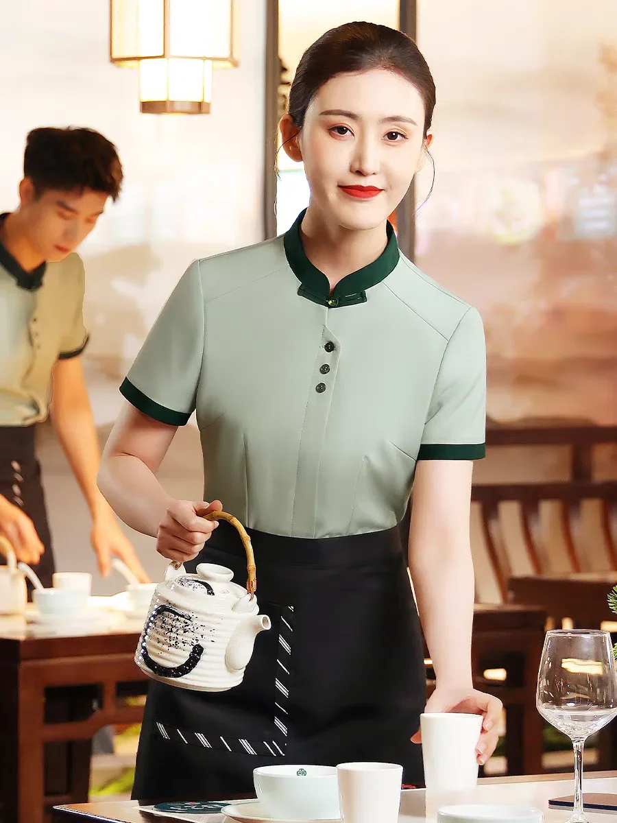 ケータリング半袖ウェイトレス作業服コーヒーショップ洋食レストラン従業員制服鍋作業服トップとエプロンセット