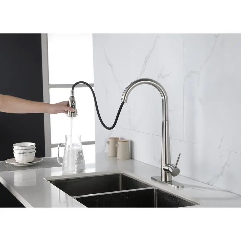 High Arc Pull Down Kitchen Faucet with Sprayer, Brushed Nickel Stainless Steel, Single Handle Modern Design with Deck Plate for