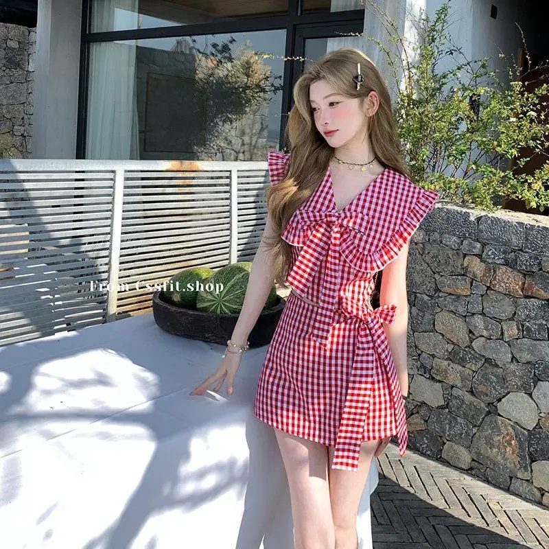 

Sweet Hot Girl Suit Women's Summer Turn-down Collar Plaid Bow Top High Waist Skirt Shorts Two-piece Set Fashion Female Clothes