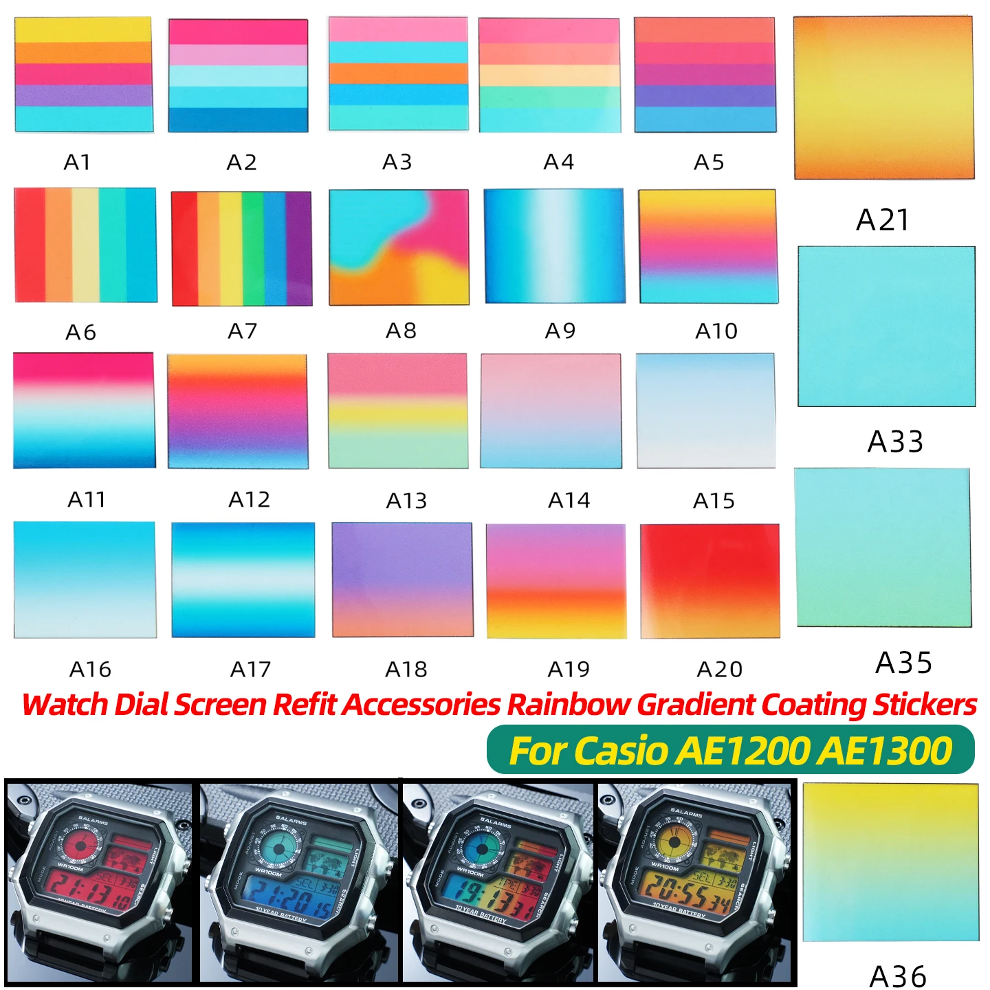 Watch Dial Screen Refit Accessories Rainbow Gradient Coating Stickers For Casio AE1200/1300 high-quality DIY screen pad pasting