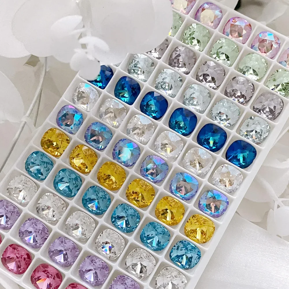 6mm 10pcs Cushion Cut  Nails Crystal Rhinestones Different Colors Glitter Glass Nail Charms Gems 3D DIY Accessories