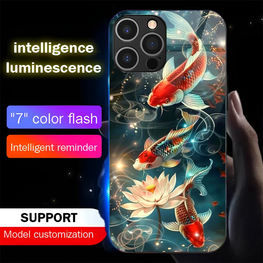 

Chinese Koi Fish Smart LED Light Glowing Tempered Glass Phone Case For iPhone 16 E 15 14 13 12 11 Pro Max XR XS Plus 7 8 SE2020