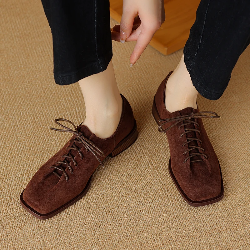 2024 New Spring Autumn Retro Style Women Pumps Dress Working Casual Thick Heels Genuine Leather Lace-Up Shoes Woman Classic