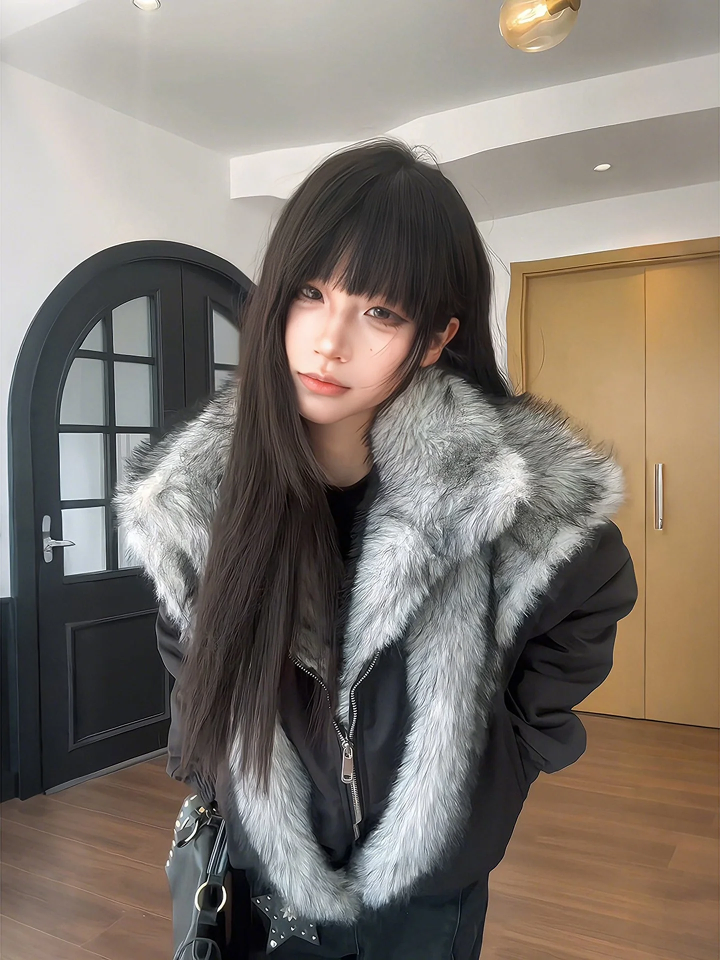 

ex Bla Double Layered Collar Mountain Eagle Cotton Jaet Winter Warm Fce Lined Stand up Collar American Sle Fake ...