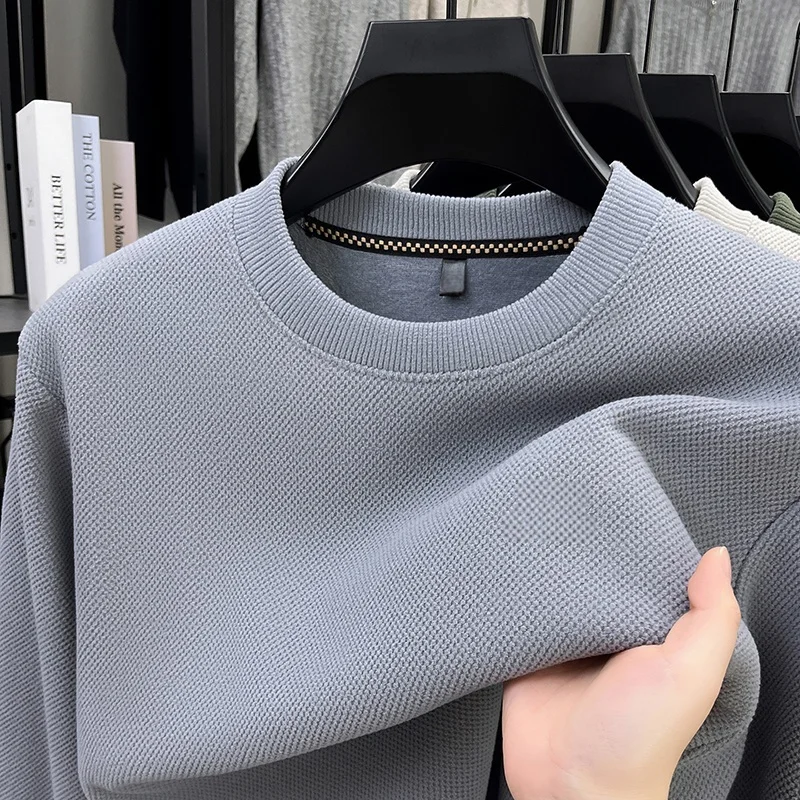 Herren-Sweatshirt mit Rundhalsausschnitt, Fleece-Futter, dick, warm, mit Waffelstruktur, langärmelig, weich, dehnbar, schmal geschnitten, Winter-Freizeitoberteil für Herren – Detail 10