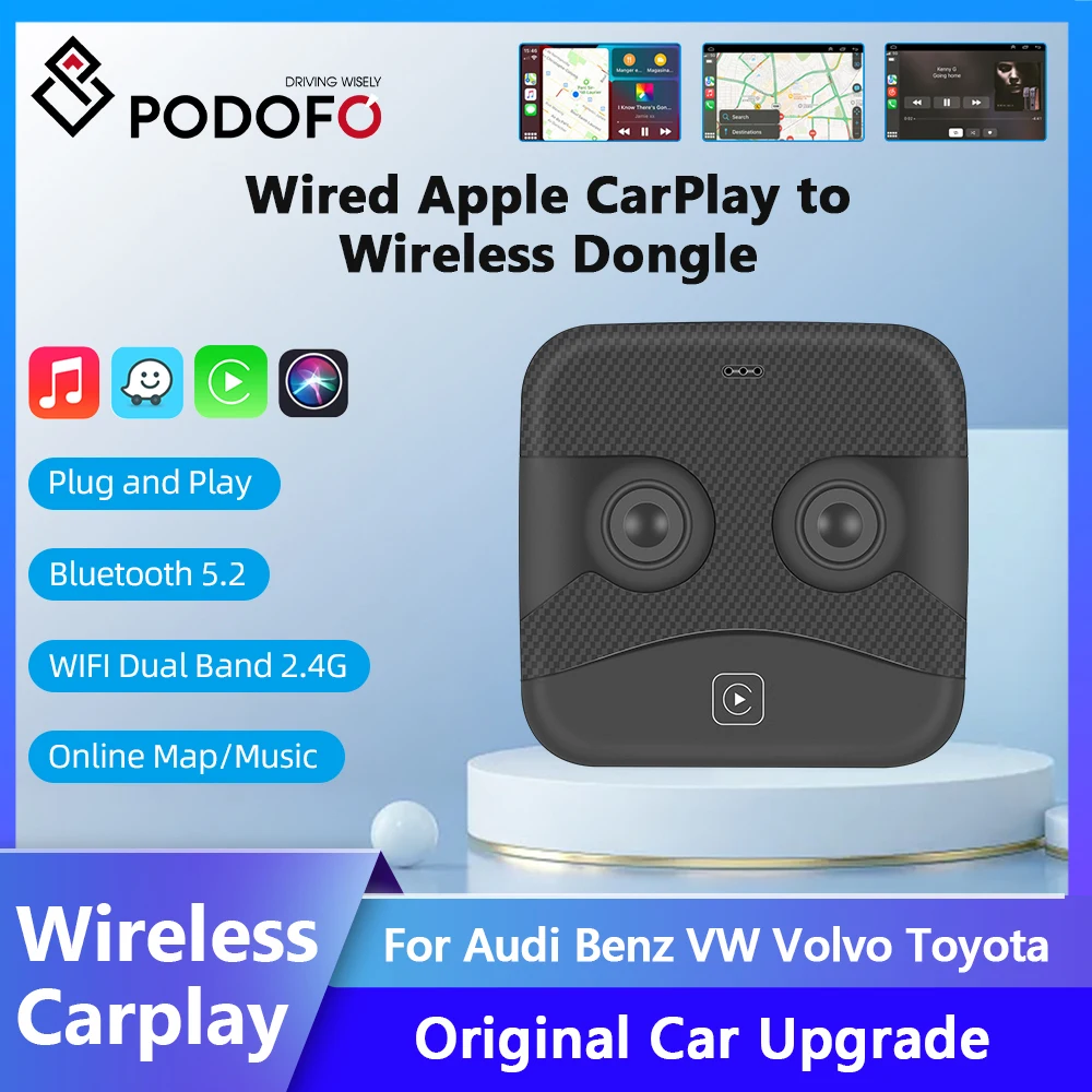 Podofo Wireless CarPlay Adapter Dongle Activator Bluetooth WiFi USB/Type-C Voice Assistant For Audi Benz Volkswagen Volvo Toyota