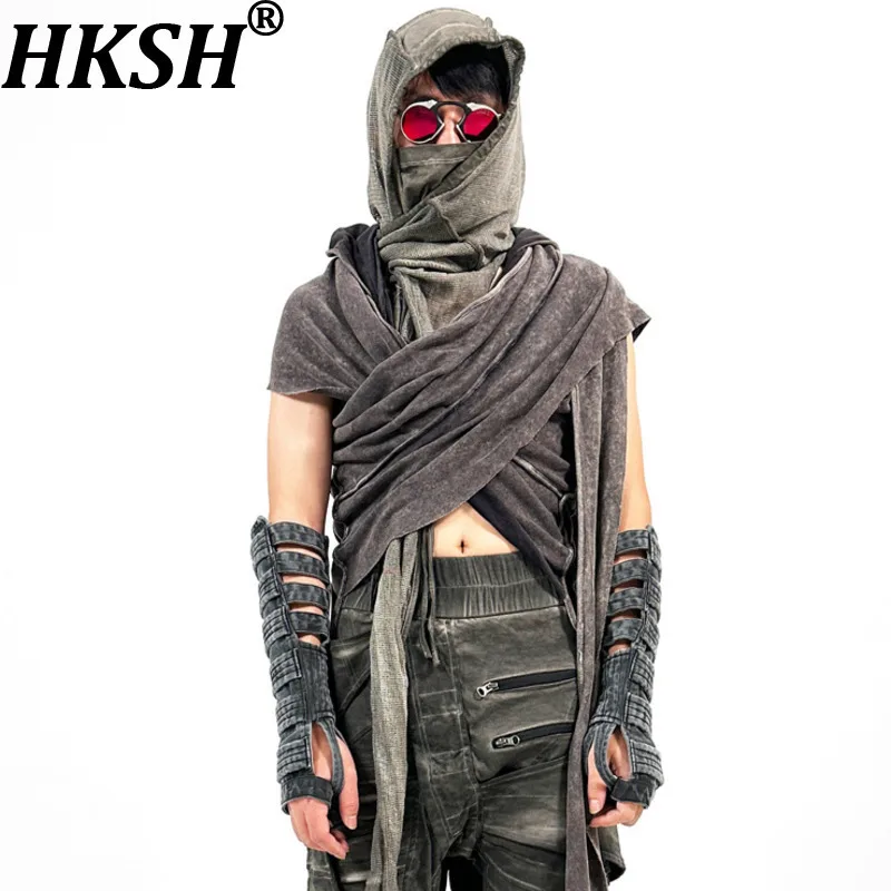 

HKSH Autumn New Men Tide Waste Land Shawl Cotton Washed Asymmetric Layered Niche Hooded T-shirts Chic Ins Techwear Shawl HK16063