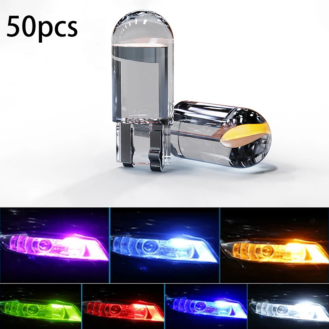 

50pcs T10 W5W LED CAR Canbus Glass COB Reading Dome Lamp Marker Wedge License Plate Light Bulb 168 194 192 12V White Blue Red