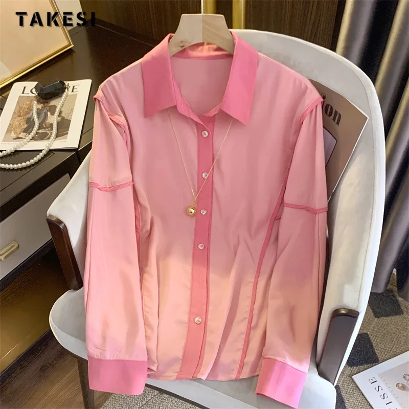 

2023 Winter Elegant Sweet Turn Down Collar Long Sleeve Shirt Women Causal Pink Chic Soft Blouses Single Breasted Chiffon Tees