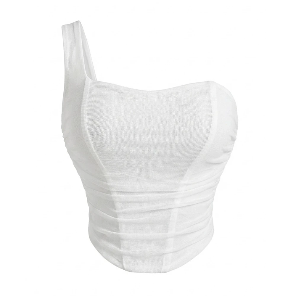 Women One Shoulder Backless Corset Crop Tops Sexy White Mesh Slimming Body Shaping Bustier Vest Elegant Lingerie Boned Bodice