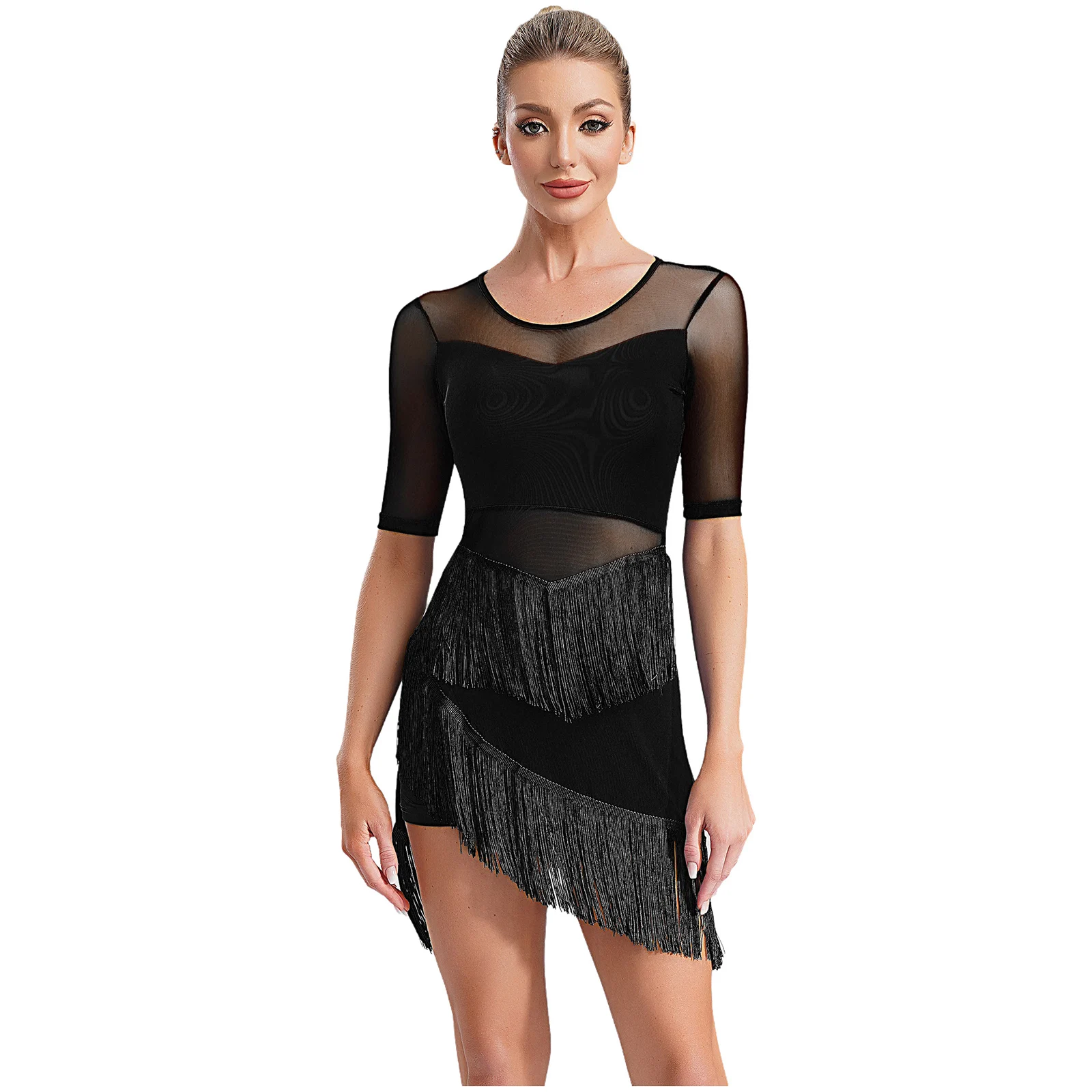 

2Pcs Womens Latin Dance Dress Sheer Mesh Patchwork Half Sleeve Irregular Hem Fringe Dress+Safety Shorts Outfit for Performance