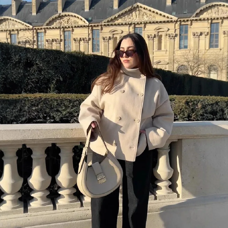 

Осень 2024, шерстяные пальто, женские повседневные двубортные куртки с воротником-стойкой, женские офисные короткие куртки, шикарная женская свободная уличная верхняя одежда