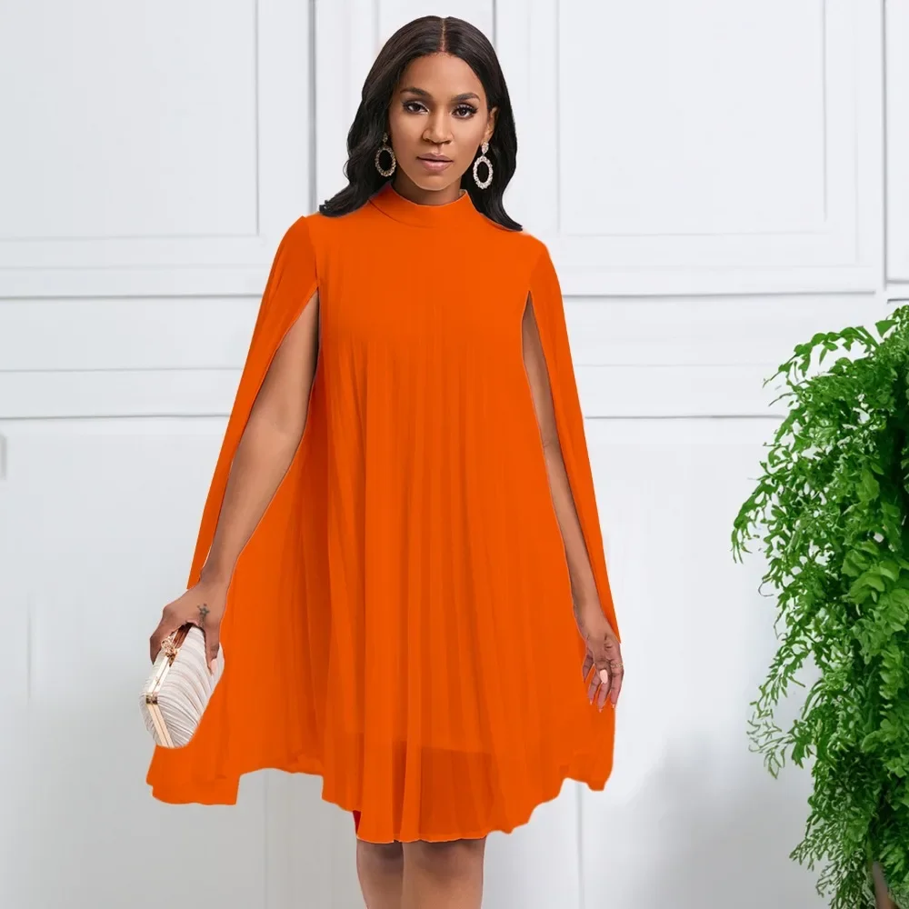 Summer Autumn Chiffon Ruched Cloak Mini Dress Women Fashion Casual Solid Half High Neck Pleated Party Club Wedding Short Dresses