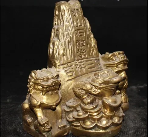 China Brass Wealth Yuanbao Money Golden Toad Lion Pair Shan Shi Gan Dang Statue