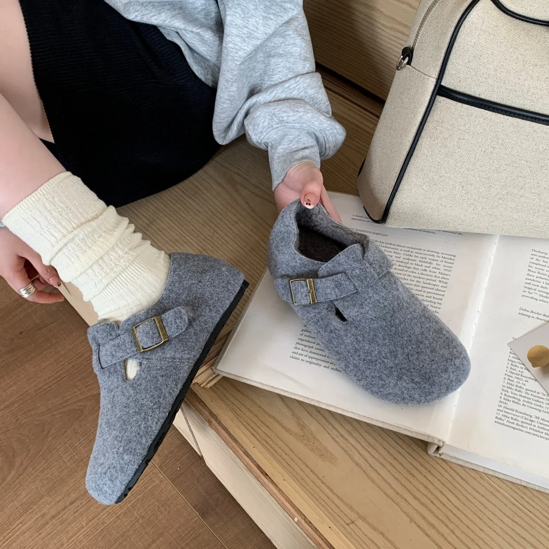 حذاء بدون كعب للنساء بإبزيم حذاء بمقدمة مستديرة مصمم مريح حذاء مسطح مسطح شتوي دافئ حذاء ماري جين zapatos mujer