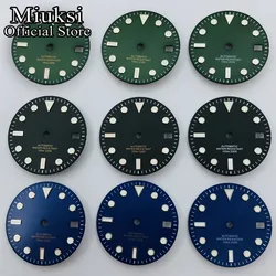 Miuksi 29mm black green blue watch dial green luminous fit NH35 movement