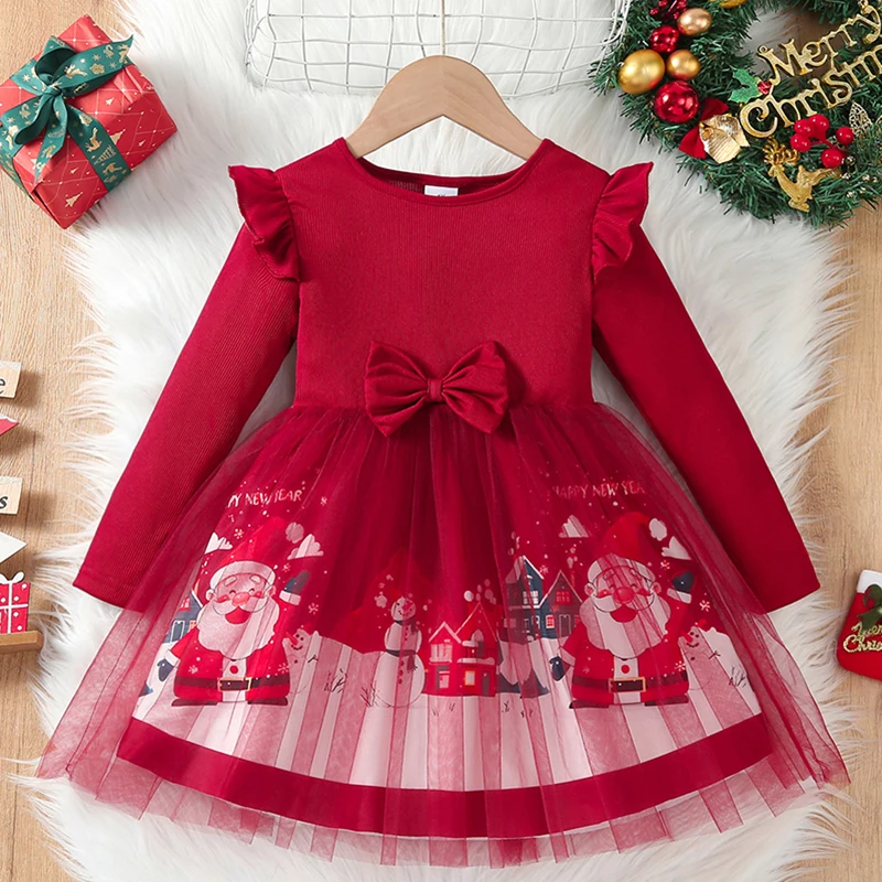 

Christmas Girls Dress 2025 Autumn Winter Long Sleeve Tulle Princess Dress Santa Claus Print 4-8Y Children Party Dress
