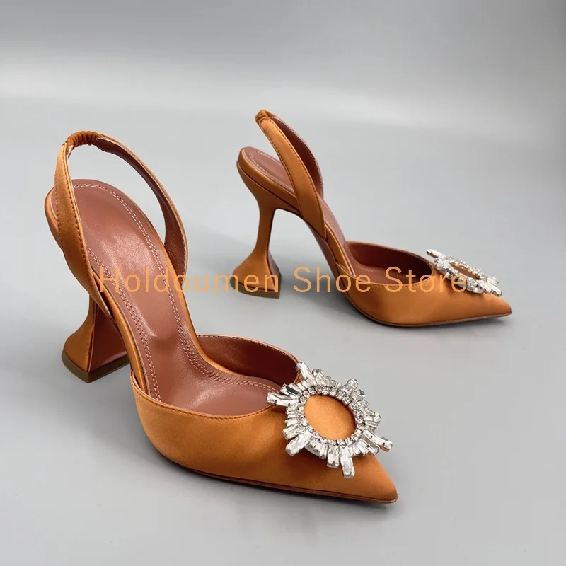 Crystal Sunflower Buckle Decor Pointed Toe Fashion Sandals Sexy Satin Slingback Cup Heel Elegant Sandals Graduation Party Shoes