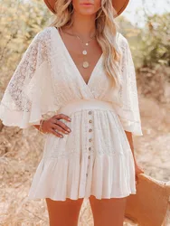 White Lace Tunic Beach Cover-ups Dress for Women 2023 Half Sleeve Bodycon Elegant Ladies Clothing Ropa Mujer