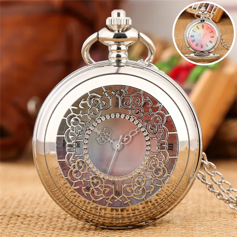 Reloj de bolsillo de cuarzo para mujer, caja de flores ahuecada plateada, número romano, esfera colorida, colgante, collar, cadena