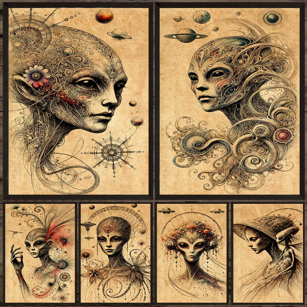 

Alien Surreal Figure Portrait Vintage Wall Art Canvas Painting,Alien Fantasy Art Poster And Print Antique Home Decor Unframed